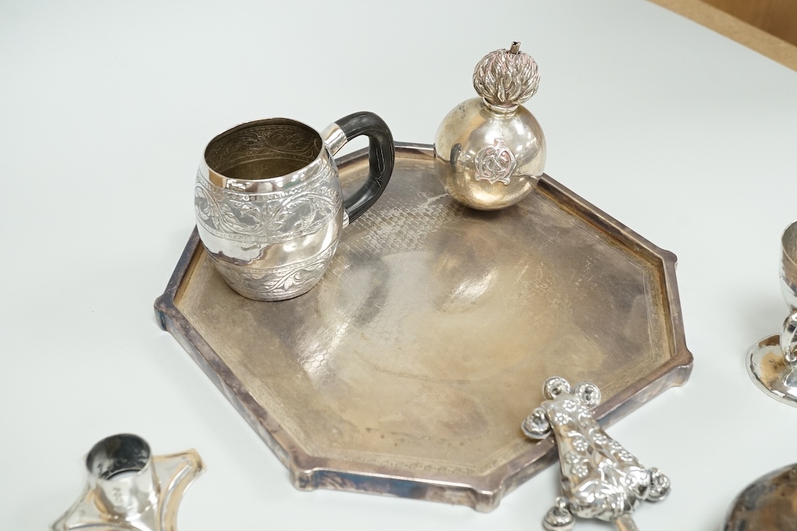 A late 19th century French small white metal Holy Water stoop, 11.4cm, together with a Victorian silver and leather mounted glass hip flask(a.f.), a late Victorian silver 'grenade' lighter by Sampson Mordan & Co, two sil
